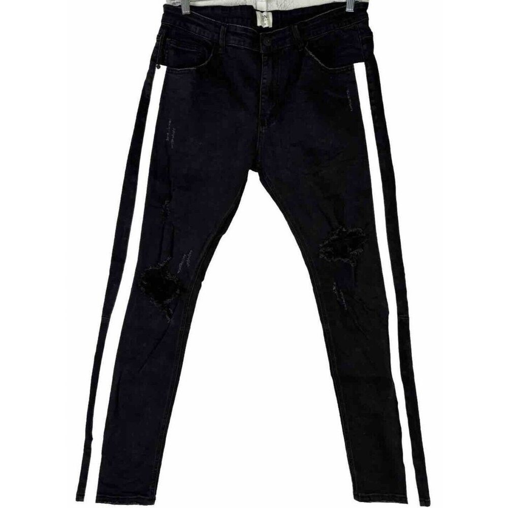 KDNK Men Sz 36 (Actual 36x30.5) Distressed Black Striped Stretch Jeans EUC